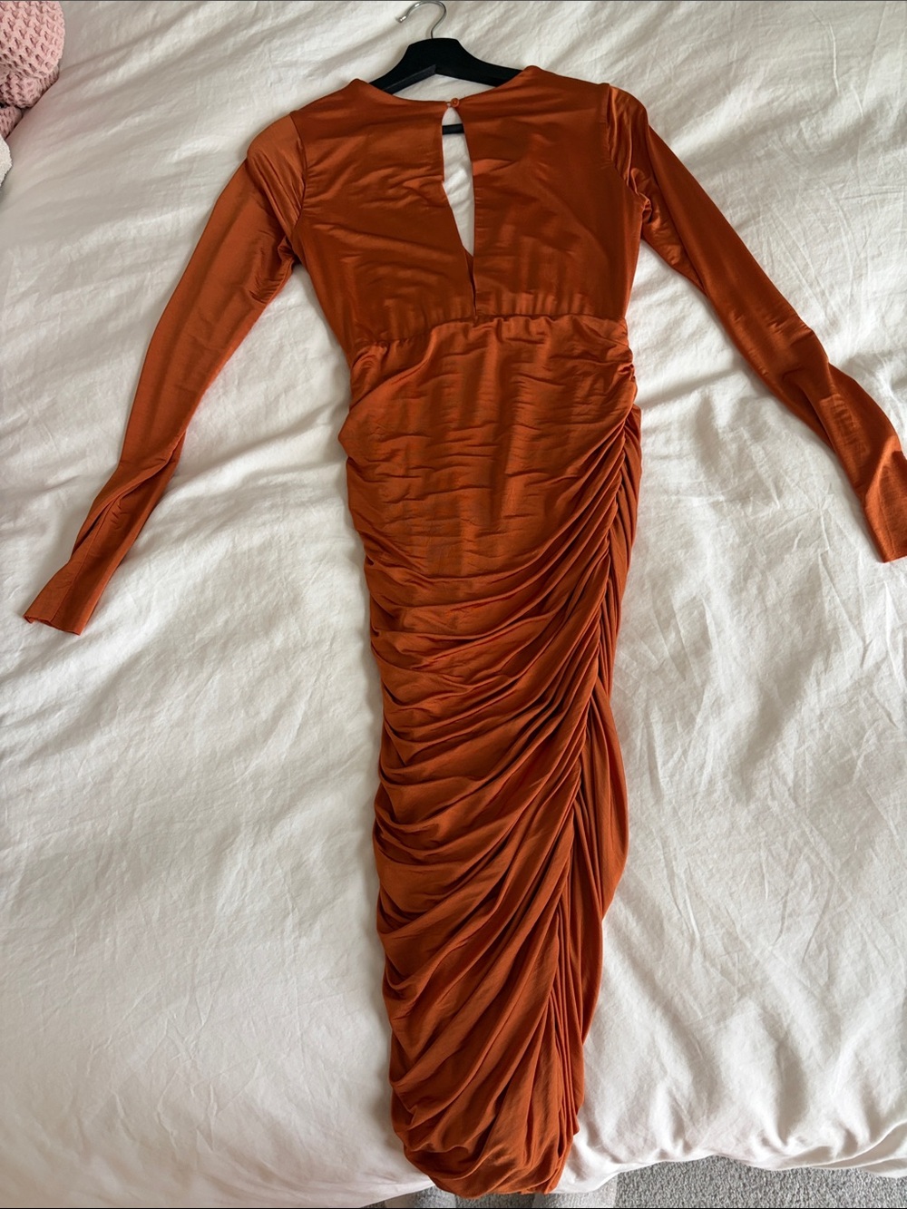Long Sleeve Rust Ruched Bodycon Dress - Picture 2 of 3